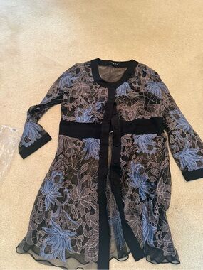 Embroidered Sheer Floral Cardigan - Black with Blue Accents